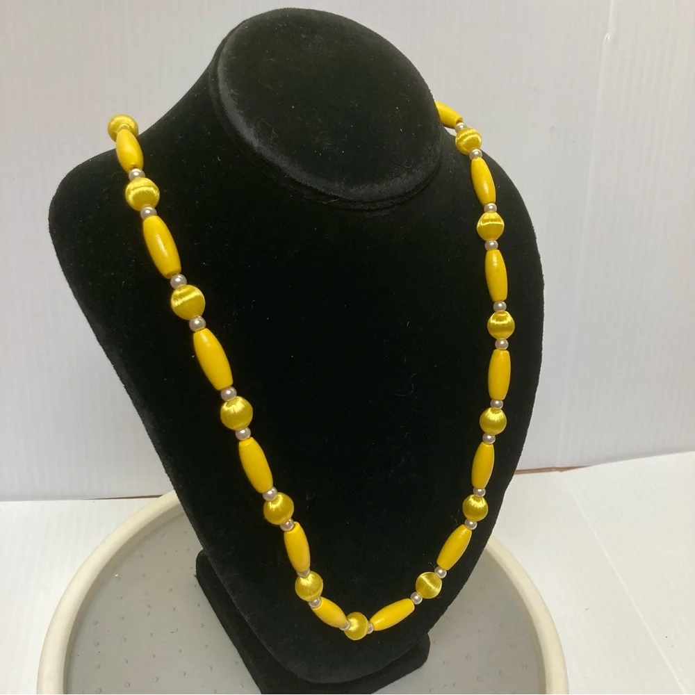 SATIN Beads Vintage Yellow Wood Oblong Beads Faux Mini Pearl Beads 26 in